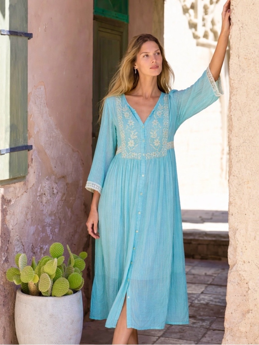 Aqua Embroidered Cotton Button-Front Midi Dress m ptp 20” l45”